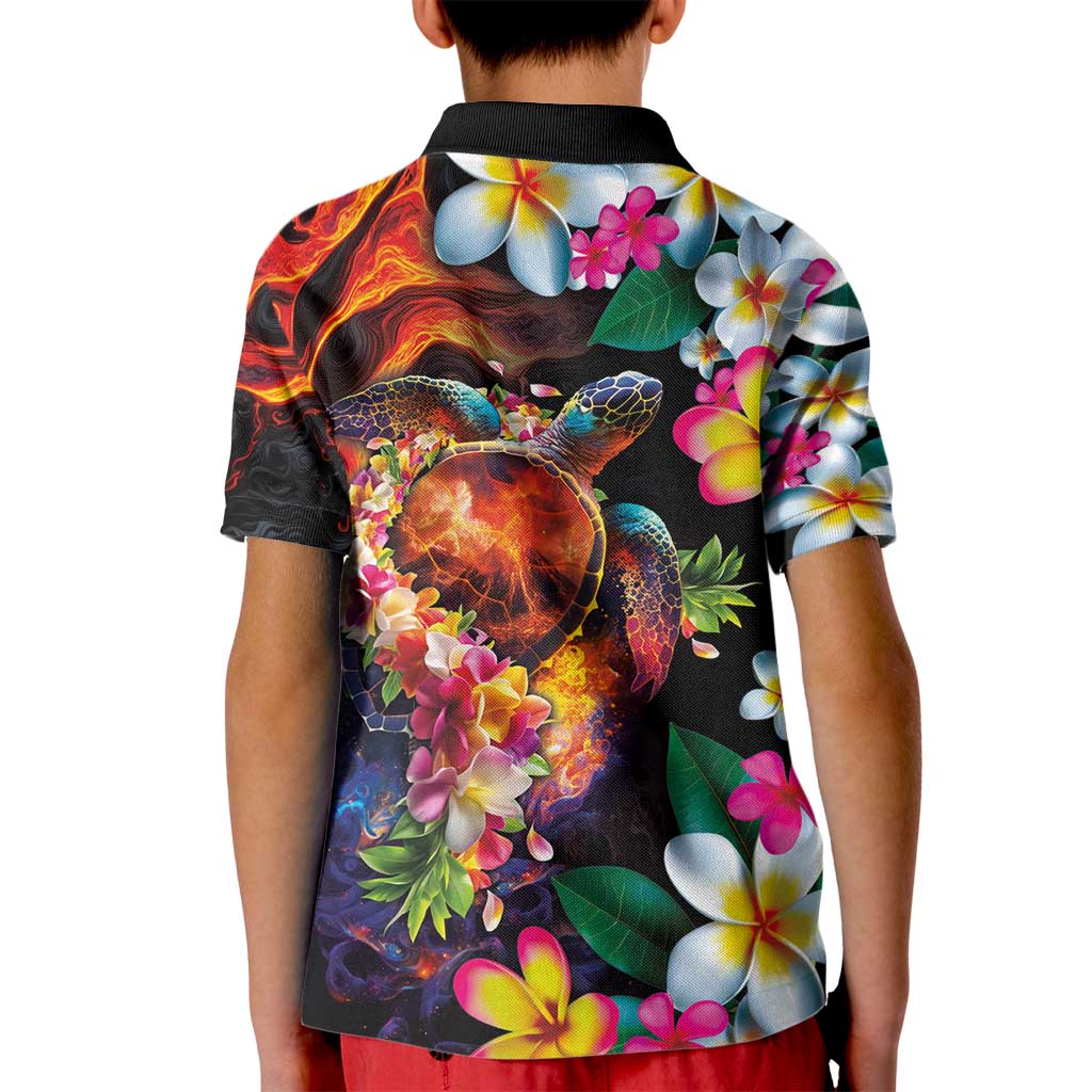 Hawaiian Lei Day Kid Polo Shirt Colorful Plumeria and Volcanic Turtle with Abstract Lava Texture LT03 - Polynesian Pride