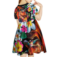 Hawaiian Lei Day Kid Short Sleeve Dress Colorful Plumeria and Volcanic Turtle with Abstract Lava Texture LT03 - Polynesian Pride