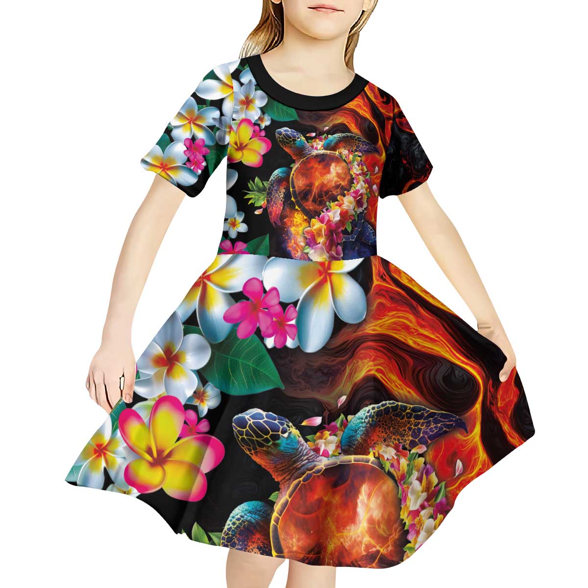 Hawaiian Lei Day Kid Short Sleeve Dress Colorful Plumeria and Volcanic Turtle with Abstract Lava Texture LT03 - Polynesian Pride