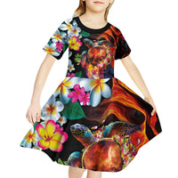 Hawaiian Lei Day Kid Short Sleeve Dress Colorful Plumeria and Volcanic Turtle with Abstract Lava Texture LT03 - Polynesian Pride