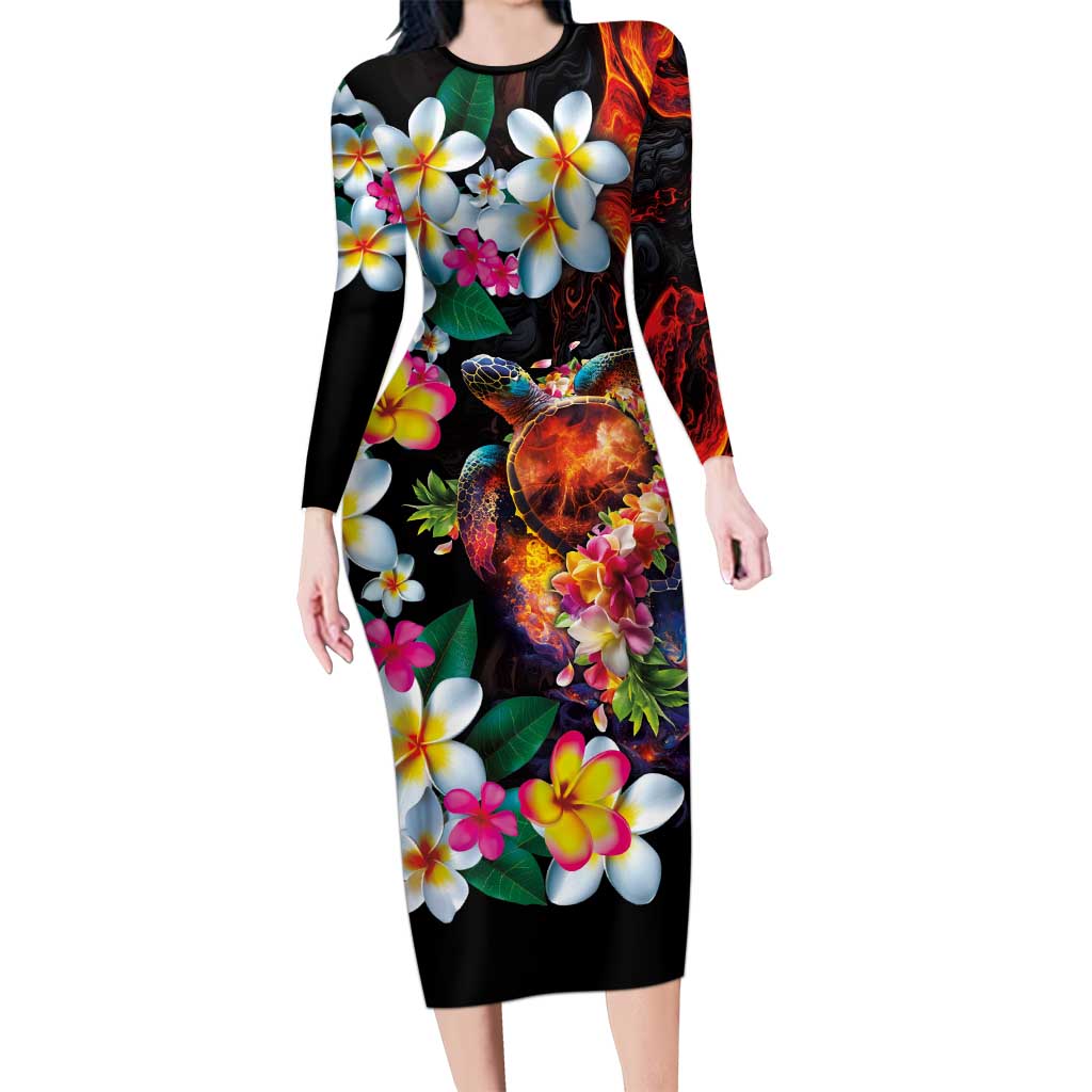 Hawaiian Lei Day Long Sleeve Bodycon Dress Colorful Plumeria and Volcanic Turtle with Abstract Lava Texture LT03 Long Dress Black - Polynesian Pride