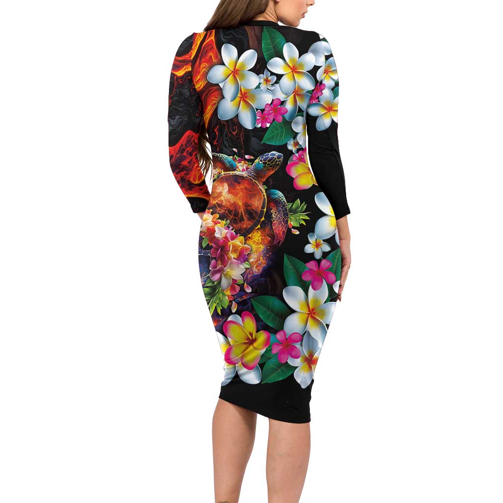 Hawaiian Lei Day Long Sleeve Bodycon Dress Colorful Plumeria and Volcanic Turtle with Abstract Lava Texture LT03 - Polynesian Pride