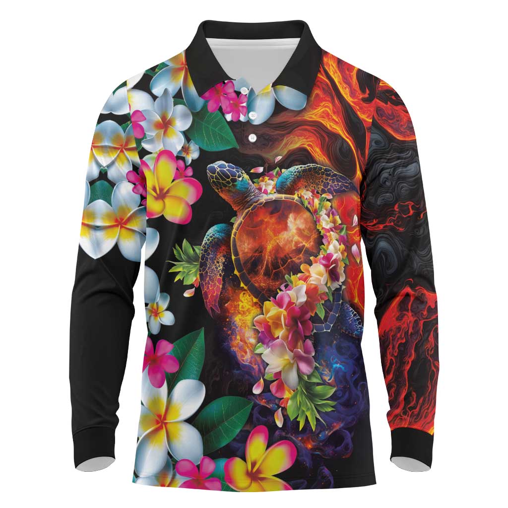 Hawaiian Lei Day Long Sleeve Polo Shirt Colorful Plumeria and Volcanic Turtle with Abstract Lava Texture LT03 Black - Polynesian Pride