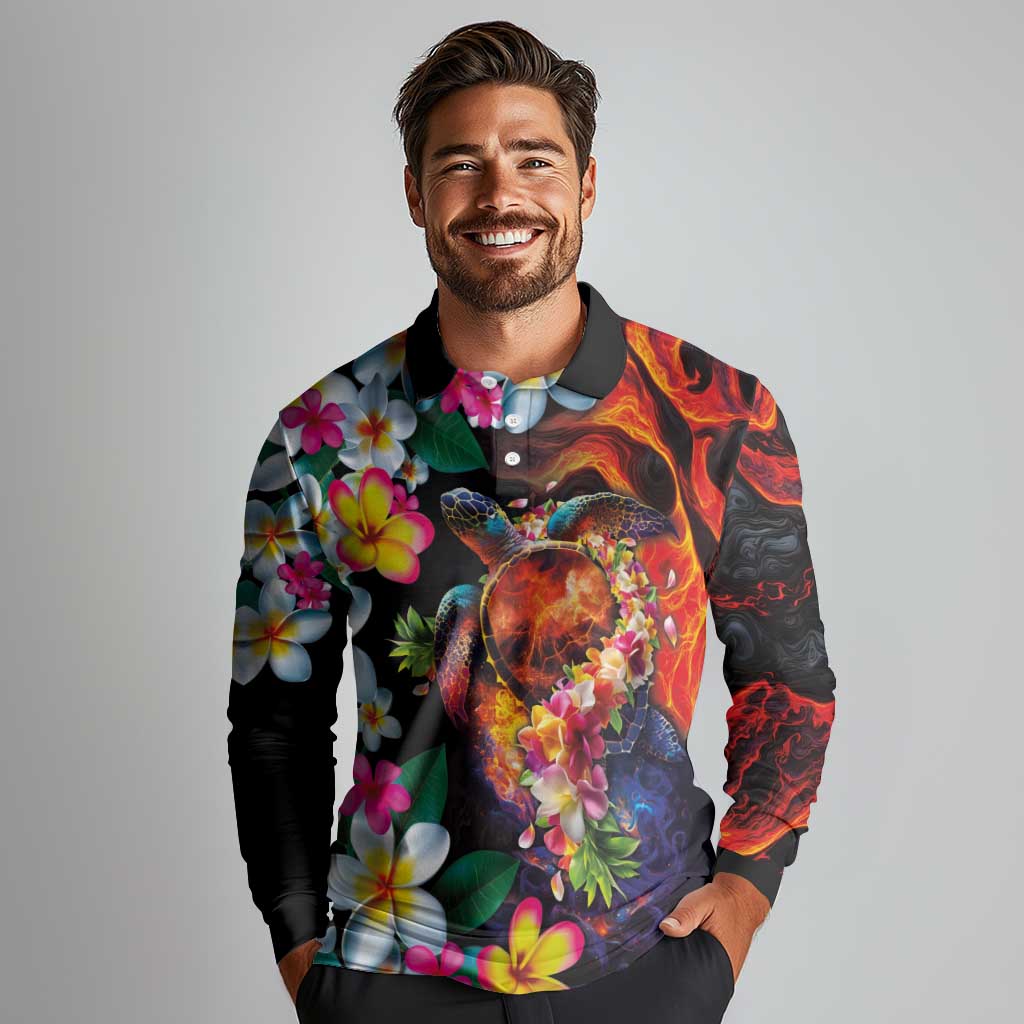Hawaiian Lei Day Long Sleeve Polo Shirt Colorful Plumeria and Volcanic Turtle with Abstract Lava Texture LT03 - Polynesian Pride