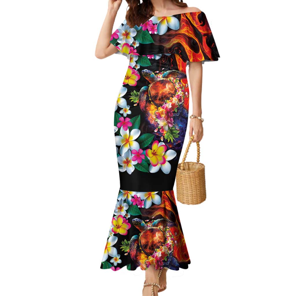 Hawaiian Lei Day Mermaid Dress Colorful Plumeria and Volcanic Turtle with Abstract Lava Texture LT03 Women Black - Polynesian Pride