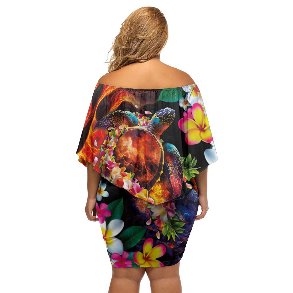 Hawaiian Lei Day Off Shoulder Short Dress Colorful Plumeria and Volcanic Turtle with Abstract Lava Texture LT03 - Polynesian Pride