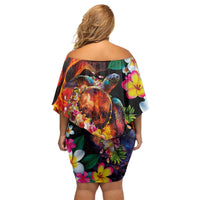 Hawaiian Lei Day Off Shoulder Short Dress Colorful Plumeria and Volcanic Turtle with Abstract Lava Texture LT03 - Polynesian Pride