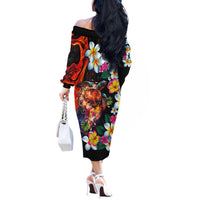 Hawaiian Lei Day Off The Shoulder Long Sleeve Dress Colorful Plumeria and Volcanic Turtle with Abstract Lava Texture LT03 - Polynesian Pride