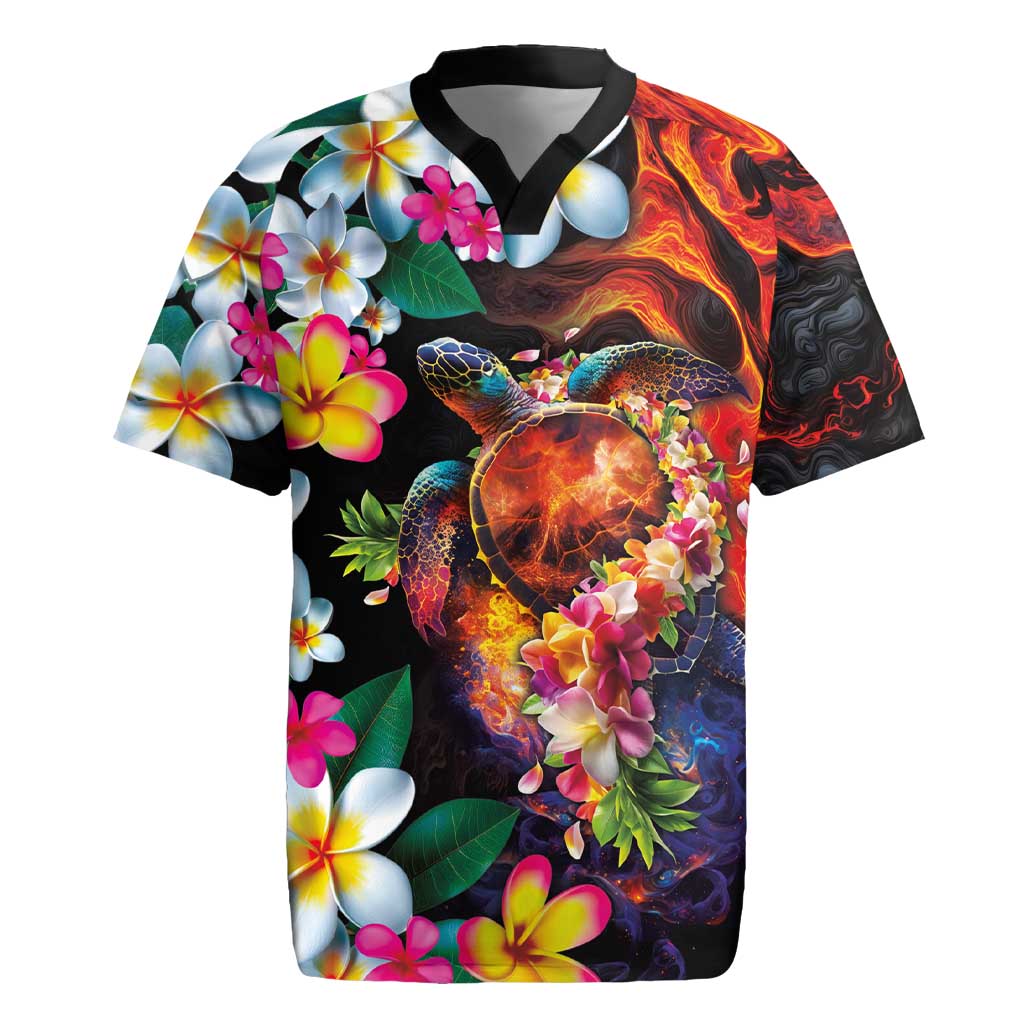 Hawaiian Lei Day Rugby Jersey Colorful Plumeria and Volcanic Turtle with Abstract Lava Texture LT03 Black - Polynesian Pride