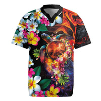 Hawaiian Lei Day Rugby Jersey Colorful Plumeria and Volcanic Turtle with Abstract Lava Texture LT03 Black - Polynesian Pride