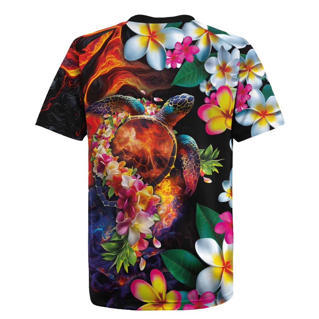Hawaiian Lei Day Rugby Jersey Colorful Plumeria and Volcanic Turtle with Abstract Lava Texture LT03 - Polynesian Pride