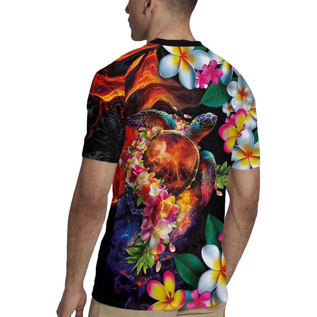 Hawaiian Lei Day Rugby Jersey Colorful Plumeria and Volcanic Turtle with Abstract Lava Texture LT03 - Polynesian Pride