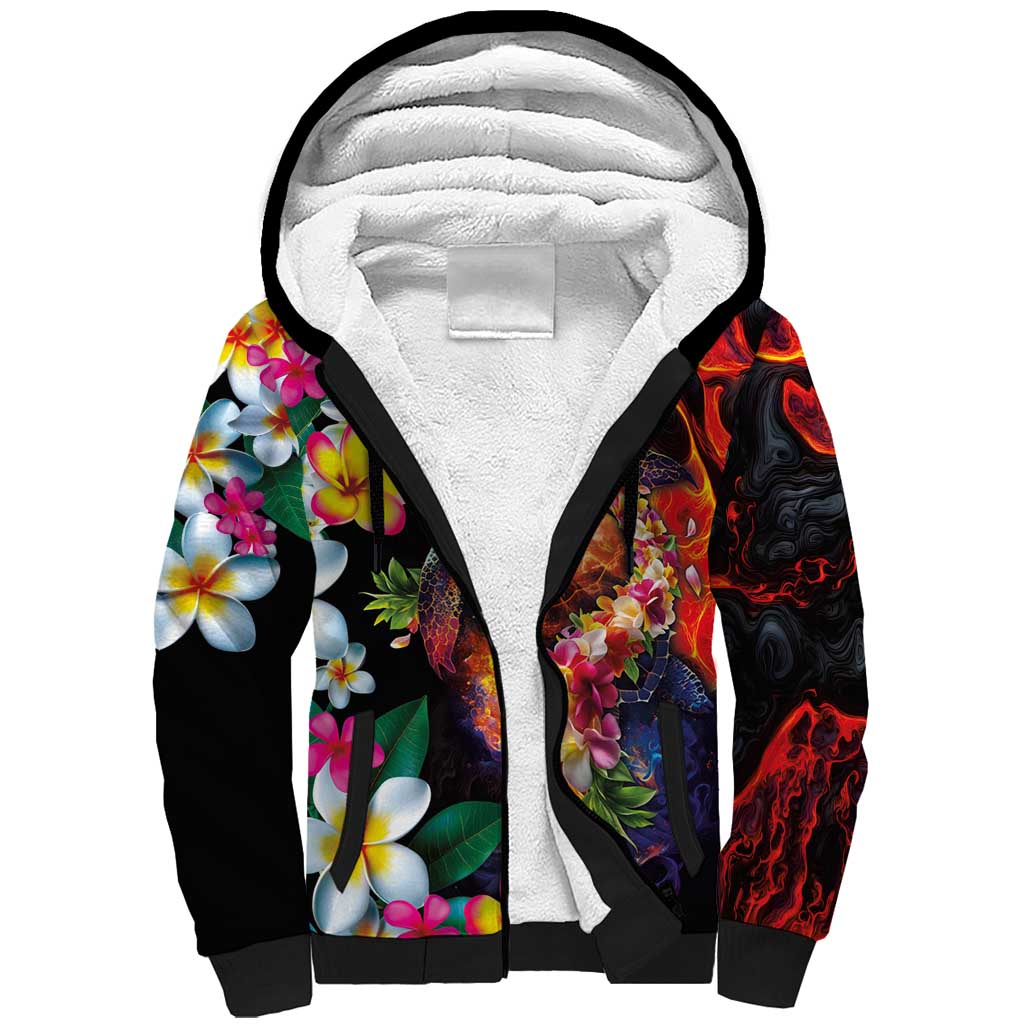 Hawaiian Lei Day Sherpa Hoodie Colorful Plumeria and Volcanic Turtle with Abstract Lava Texture LT03 Unisex Black - Polynesian Pride