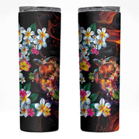 Hawaiian Lei Day Skinny Tumbler Colorful Plumeria and Volcanic Turtle with Abstract Lava Texture LT03 Black - Polynesian Pride