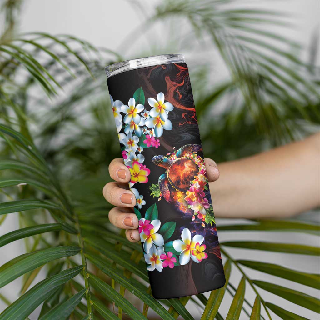 Hawaiian Lei Day Skinny Tumbler Colorful Plumeria and Volcanic Turtle with Abstract Lava Texture LT03 - Polynesian Pride
