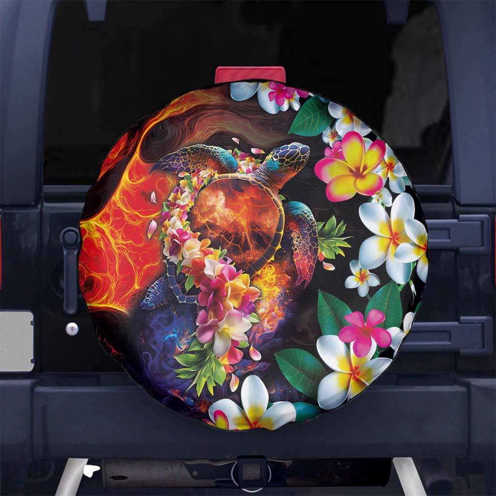 Hawaiian Lei Day Spare Tire Cover Colorful Plumeria and Volcanic Turtle with Abstract Lava Texture LT03 No hole Black - Polynesian Pride
