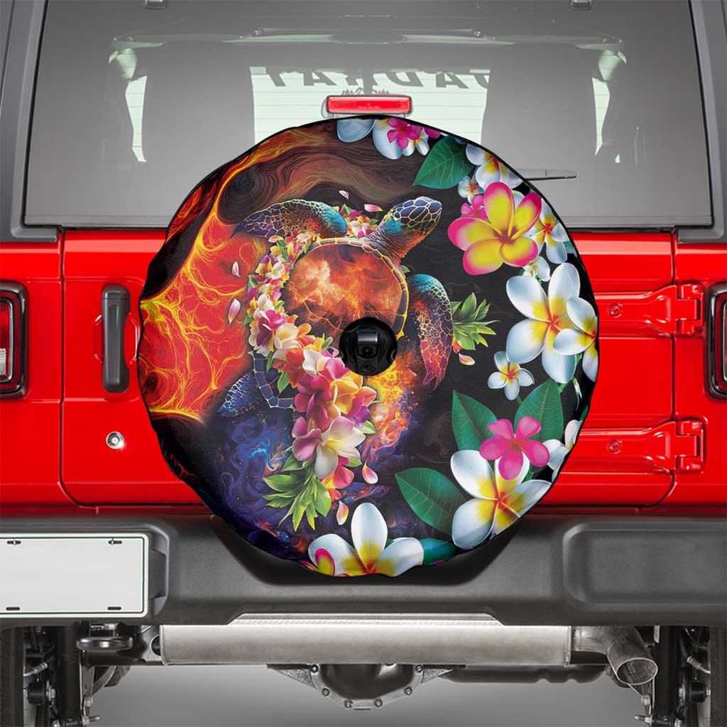 Hawaiian Lei Day Spare Tire Cover Colorful Plumeria and Volcanic Turtle with Abstract Lava Texture LT03 - Polynesian Pride
