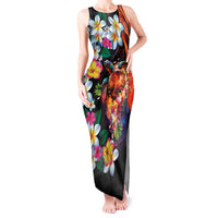Hawaiian Lei Day Tank Maxi Dress Colorful Plumeria and Volcanic Turtle with Abstract Lava Texture LT03 Women Black - Polynesian Pride