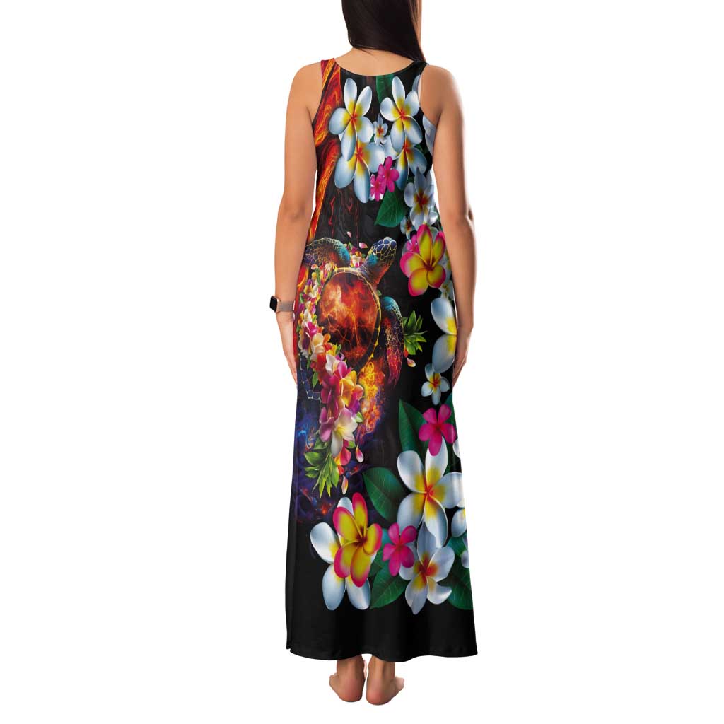 Hawaiian Lei Day Tank Maxi Dress Colorful Plumeria and Volcanic Turtle with Abstract Lava Texture LT03 - Polynesian Pride