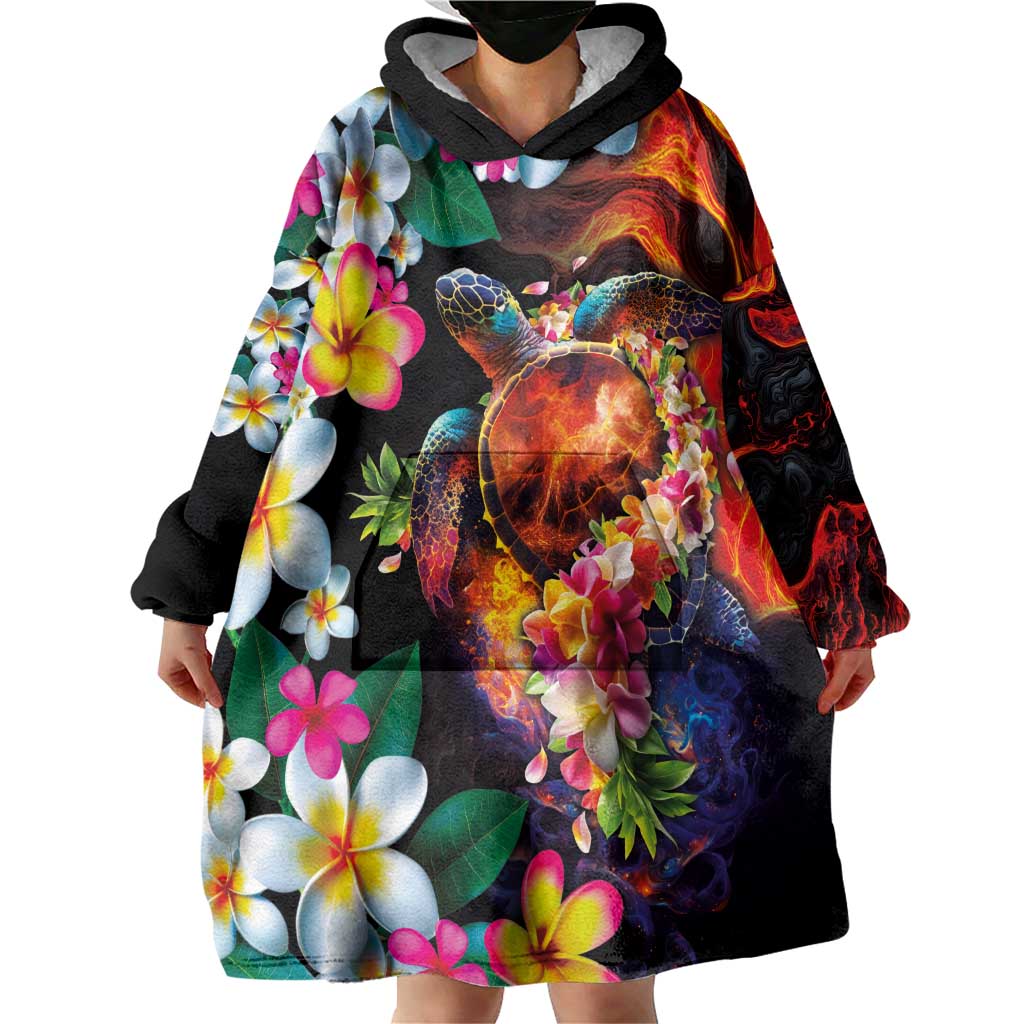 Hawaiian Lei Day Wearable Blanket Hoodie Colorful Plumeria and Volcanic Turtle with Abstract Lava Texture LT03 - Polynesian Pride
