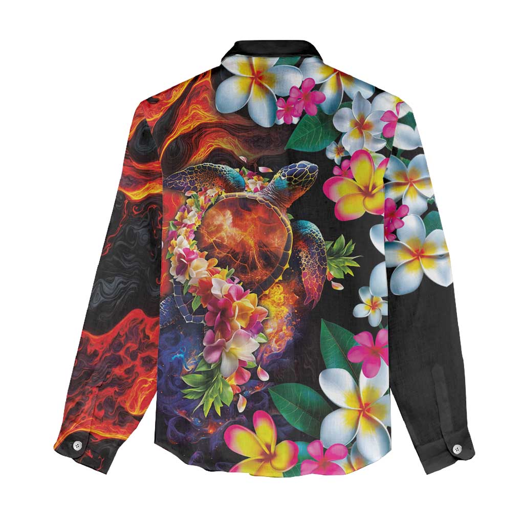 Hawaiian Lei Day Women Casual Shirt Colorful Plumeria and Volcanic Turtle with Abstract Lava Texture