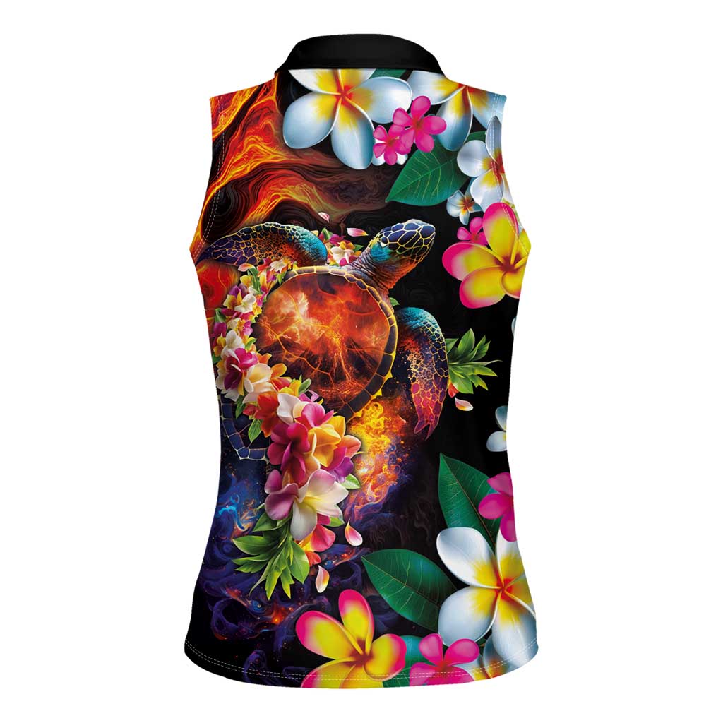 Hawaiian Lei Day Women Sleeveless Polo Shirt Colorful Plumeria and Volcanic Turtle with Abstract Lava Texture LT03 - Polynesian Pride