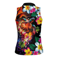 Hawaiian Lei Day Women Sleeveless Polo Shirt Colorful Plumeria and Volcanic Turtle with Abstract Lava Texture LT03 - Polynesian Pride