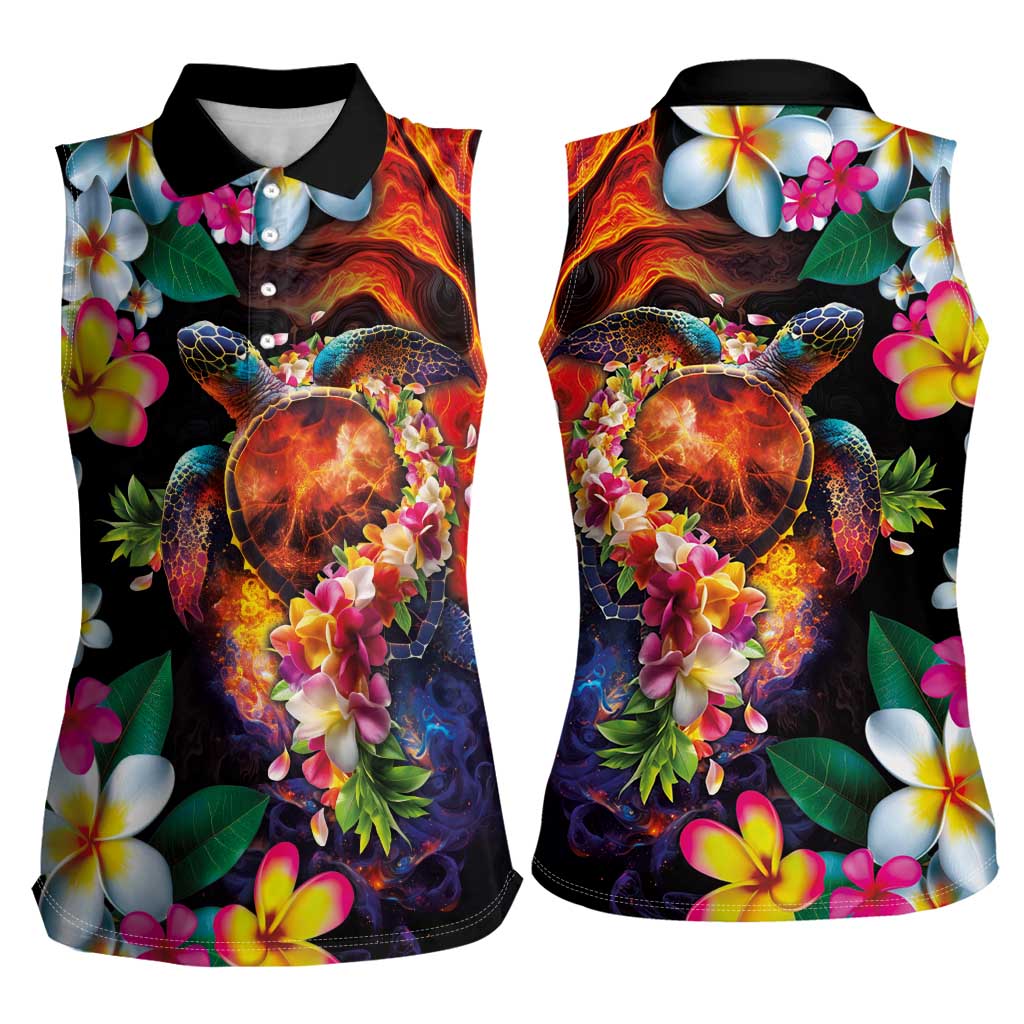 Hawaiian Lei Day Women Sleeveless Polo Shirt Colorful Plumeria and Volcanic Turtle with Abstract Lava Texture LT03 - Polynesian Pride