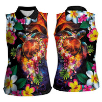 Hawaiian Lei Day Women Sleeveless Polo Shirt Colorful Plumeria and Volcanic Turtle with Abstract Lava Texture LT03 - Polynesian Pride