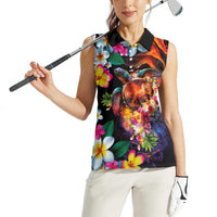 Hawaiian Lei Day Women Sleeveless Polo Shirt Colorful Plumeria and Volcanic Turtle with Abstract Lava Texture LT03 - Polynesian Pride