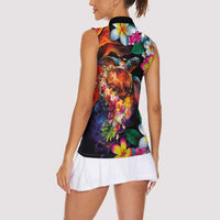 Hawaiian Lei Day Women Sleeveless Polo Shirt Colorful Plumeria and Volcanic Turtle with Abstract Lava Texture LT03 - Polynesian Pride