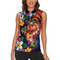 Hawaiian Lei Day Women Sleeveless Polo Shirt Colorful Plumeria and Volcanic Turtle with Abstract Lava Texture LT03 - Polynesian Pride