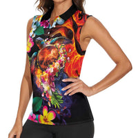 Hawaiian Lei Day Women Sleeveless Polo Shirt Colorful Plumeria and Volcanic Turtle with Abstract Lava Texture LT03 - Polynesian Pride