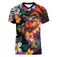 Hawaiian Lei Day Women V-Neck T-Shirt Colorful Plumeria and Volcanic Turtle with Abstract Lava Texture LT03 Female Black - Polynesian Pride