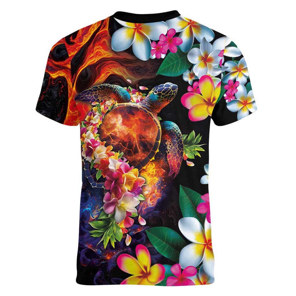 Hawaiian Lei Day Women V-Neck T-Shirt Colorful Plumeria and Volcanic Turtle with Abstract Lava Texture LT03 - Polynesian Pride