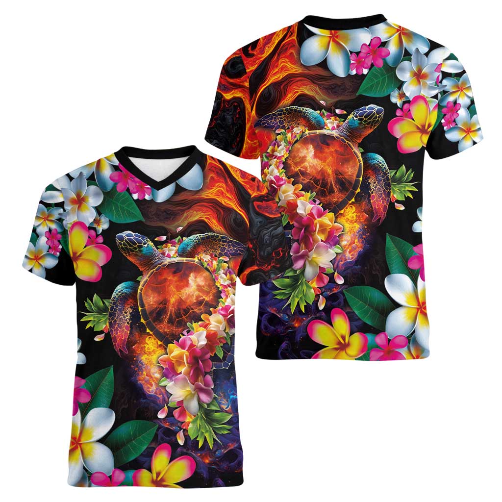 Hawaiian Lei Day Women V-Neck T-Shirt Colorful Plumeria and Volcanic Turtle with Abstract Lava Texture LT03 - Polynesian Pride