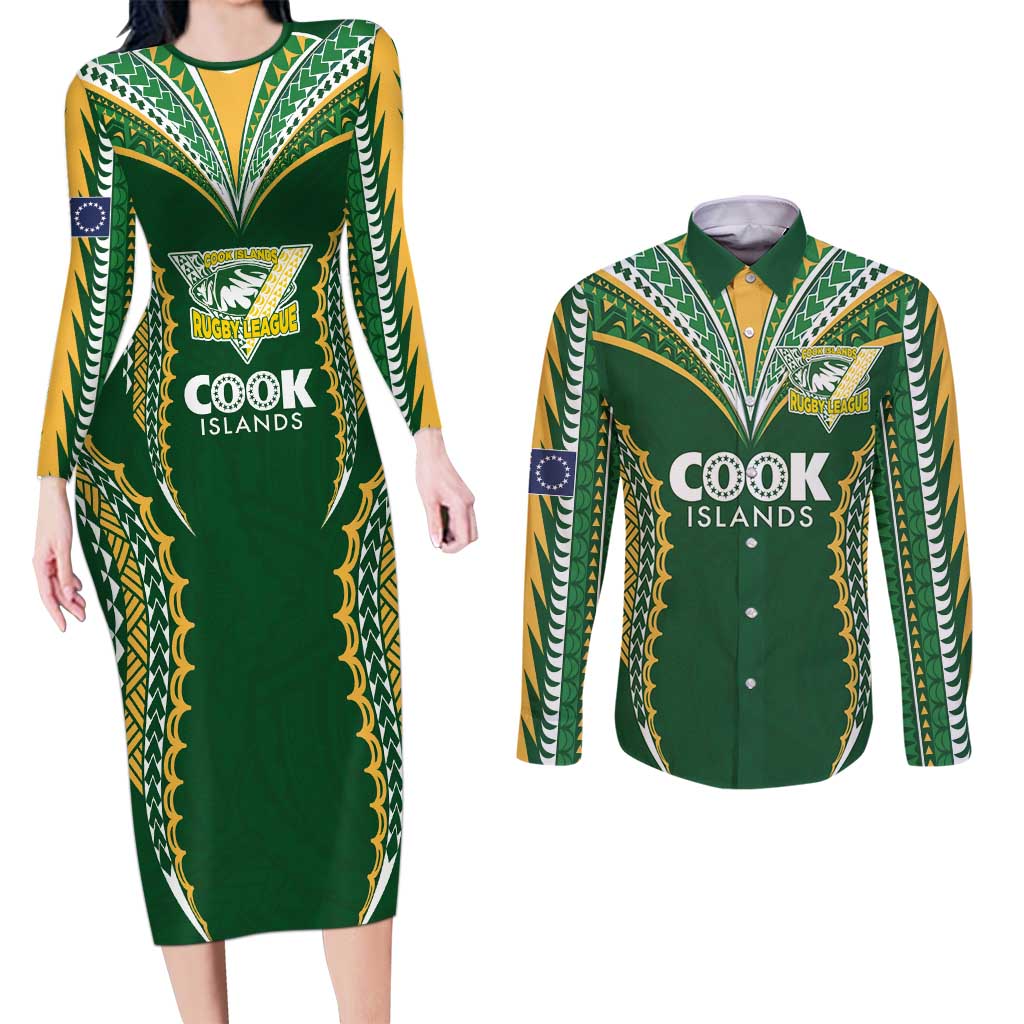Custom Cook Islands Rugby League Couples Matching Long Sleeve Bodycon Dress and Long Sleeve Button Shirt Tatau Tribal Pattern-Special Edition Green Color LT03 Green-Yellow - Polynesian Pride