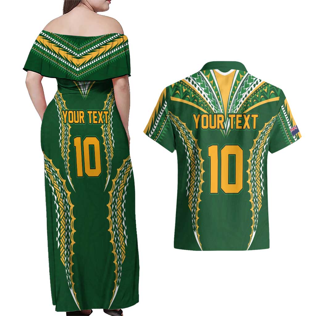 Custom Cook Islands Rugby League Couples Matching Off Shoulder Maxi Dress and Hawaiian Shirt Tatau Tribal Pattern-Special Edition Green Color LT03 - Polynesian Pride