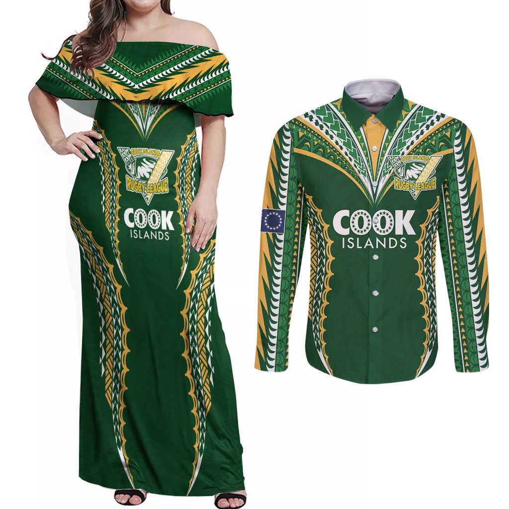 Custom Cook Islands Rugby League Couples Matching Off Shoulder Maxi Dress and Long Sleeve Button Shirt Tatau Tribal Pattern-Special Edition Green Color LT03 Green-Yellow - Polynesian Pride