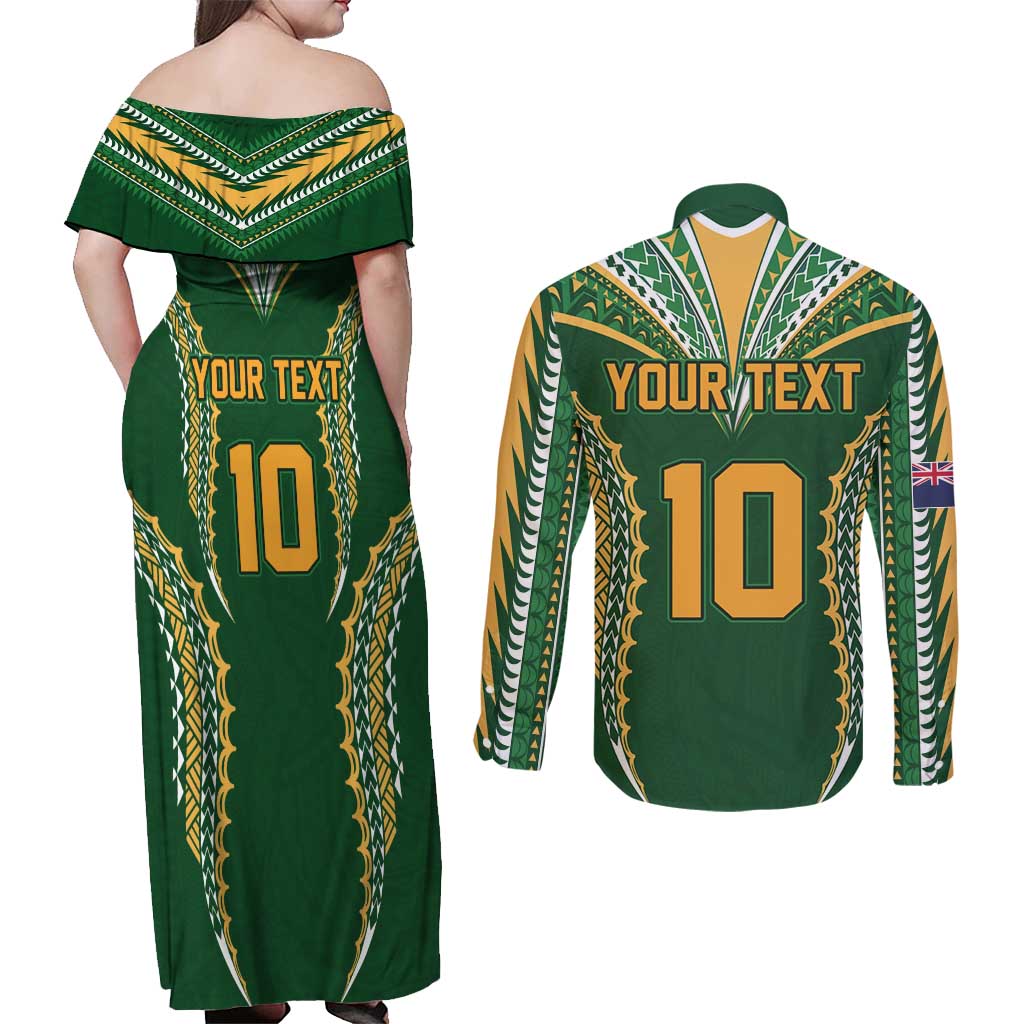 Custom Cook Islands Rugby League Couples Matching Off Shoulder Maxi Dress and Long Sleeve Button Shirt Tatau Tribal Pattern-Special Edition Green Color LT03 - Polynesian Pride