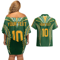 Custom Cook Islands Rugby League Couples Matching Off Shoulder Short Dress and Hawaiian Shirt Tatau Tribal Pattern-Special Edition Green Color LT03 - Polynesian Pride