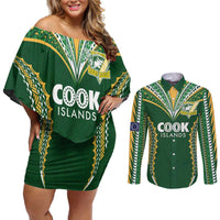 Custom Cook Islands Rugby League Couples Matching Off Shoulder Short Dress and Long Sleeve Button Shirt Tatau Tribal Pattern-Special Edition Green Color LT03 Green-Yellow - Polynesian Pride