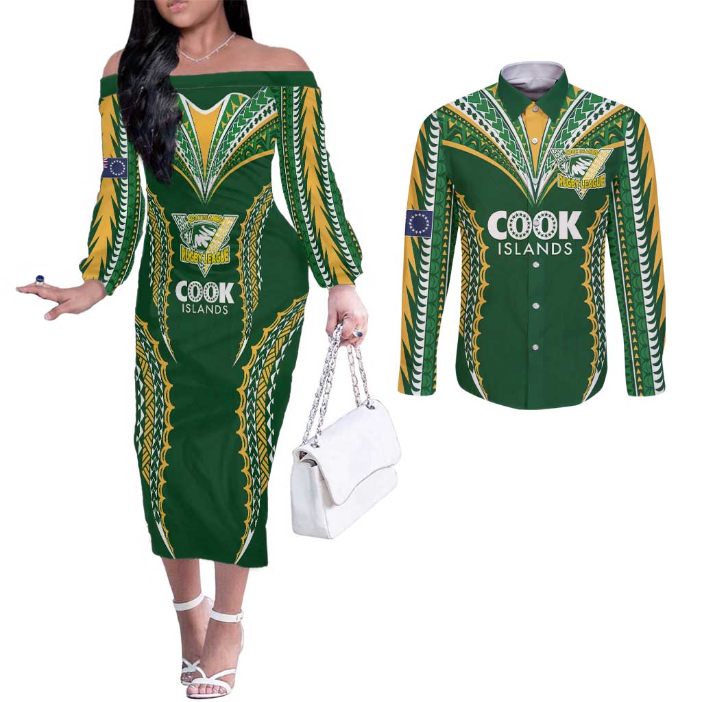 Custom Cook Islands Rugby League Couples Matching Off The Shoulder Long Sleeve Dress and Long Sleeve Button Shirt Tatau Tribal Pattern-Special Edition Green Color LT03 Green-Yellow - Polynesian Pride