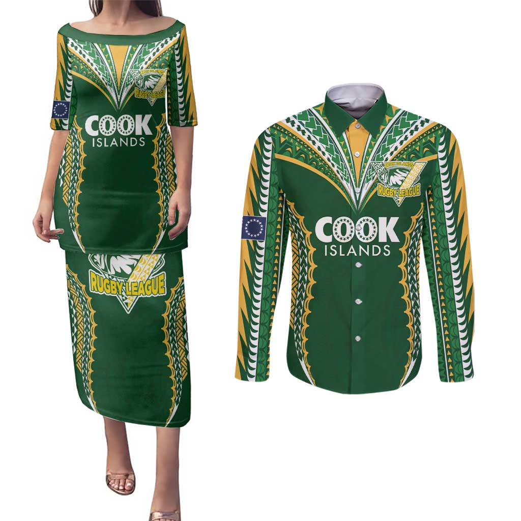 Custom Cook Islands Rugby League Couples Matching Puletasi and Long Sleeve Button Shirt Tatau Tribal Pattern-Special Edition Green Color LT03 Green-Yellow - Polynesian Pride