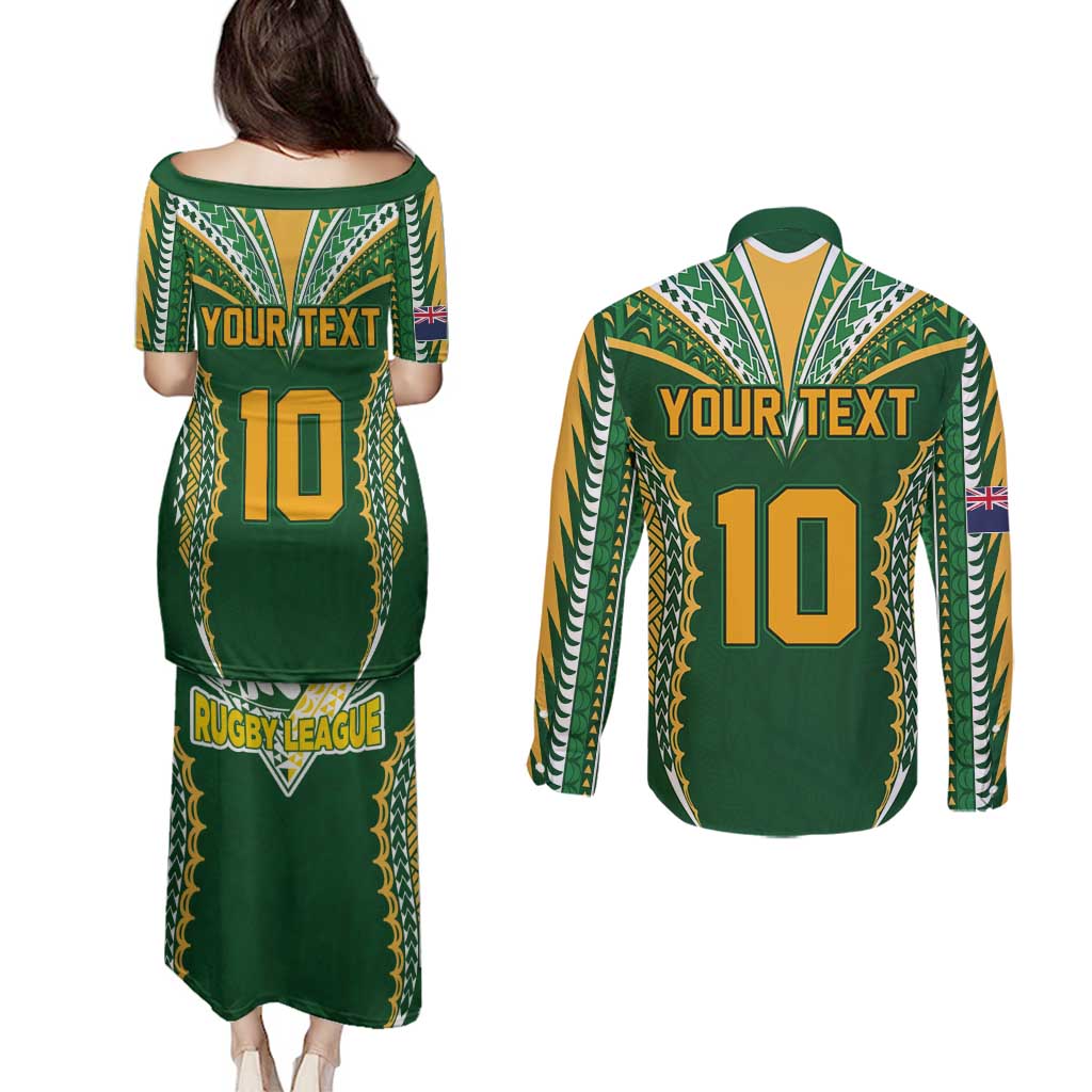 Custom Cook Islands Rugby League Couples Matching Puletasi and Long Sleeve Button Shirt Tatau Tribal Pattern-Special Edition Green Color LT03 - Polynesian Pride