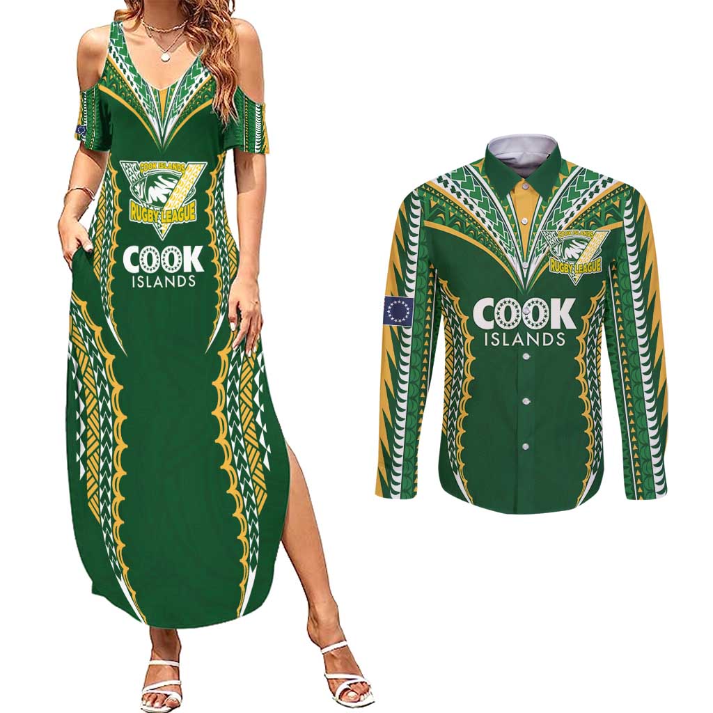 Custom Cook Islands Rugby League Couples Matching Summer Maxi Dress and Long Sleeve Button Shirt Tatau Tribal Pattern-Special Edition Green Color LT03 Green-Yellow - Polynesian Pride