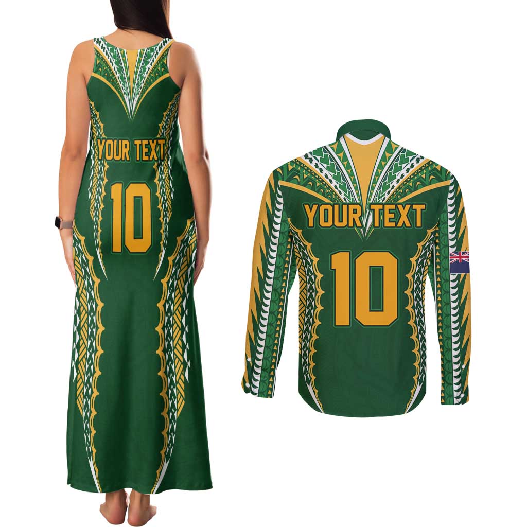 Custom Cook Islands Rugby League Couples Matching Tank Maxi Dress and Long Sleeve Button Shirt Tatau Tribal Pattern-Special Edition Green Color LT03 - Polynesian Pride
