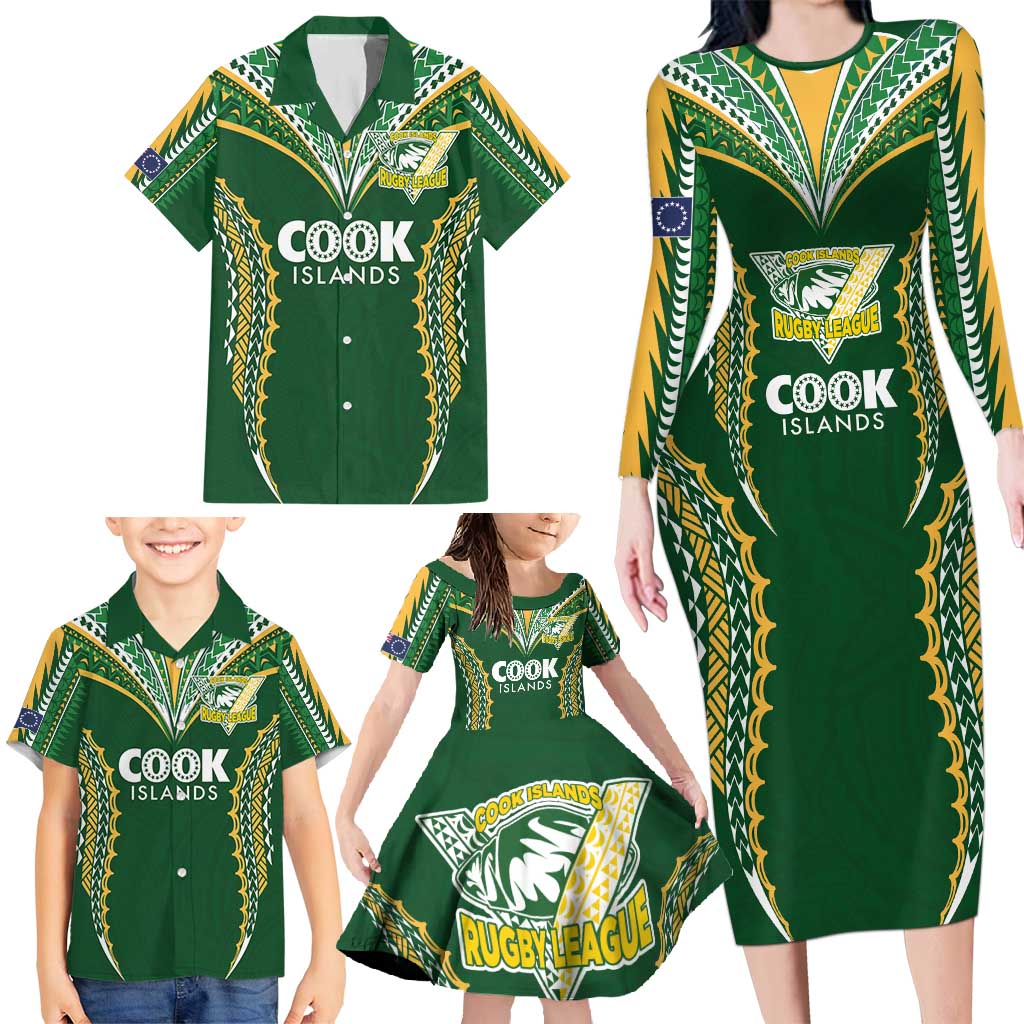 Custom Cook Islands Rugby League Family Matching Long Sleeve Bodycon Dress and Hawaiian Shirt Tatau Tribal Pattern-Special Edition Green Color LT03 - Polynesian Pride