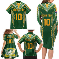 Custom Cook Islands Rugby League Family Matching Long Sleeve Bodycon Dress and Hawaiian Shirt Tatau Tribal Pattern-Special Edition Green Color LT03 - Polynesian Pride