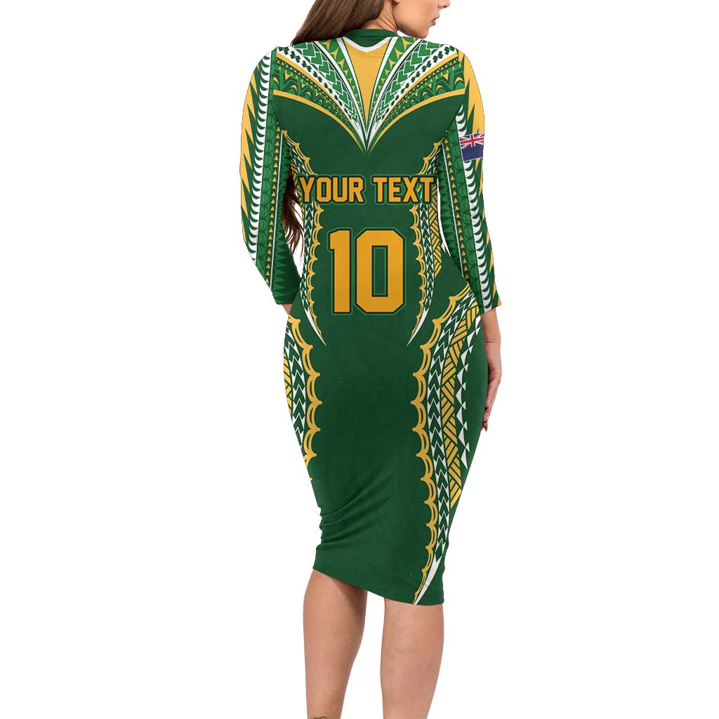 Custom Cook Islands Rugby League Family Matching Long Sleeve Bodycon Dress and Hawaiian Shirt Tatau Tribal Pattern-Special Edition Green Color LT03 - Polynesian Pride